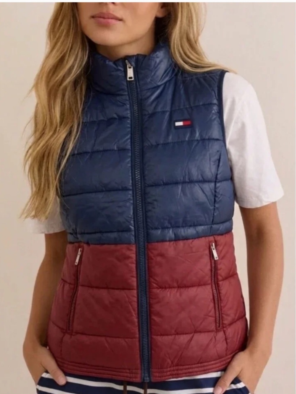 Tommy Hilfiger Sport Puffer Zip Vest Womens Size L/G. Color Blocked Lightweight